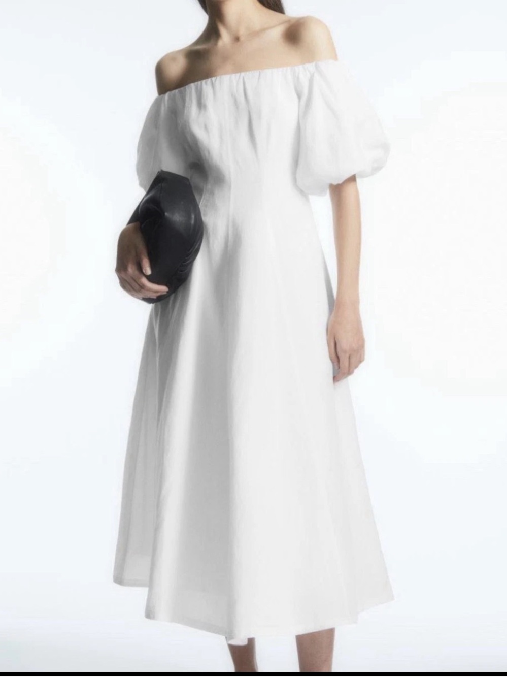 COS White Off-shoulder Puff Sleeve Minimalist Bridal Midi Dress Lyocell Linen 14